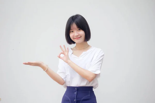 Azië Thai Tiener Wit Shirt Mooi Meisje Show Hand — Stockfoto