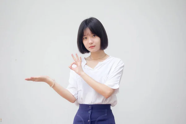 Asia Thai Teen Shirt Blanc Belle Fille Montrer Main — Photo