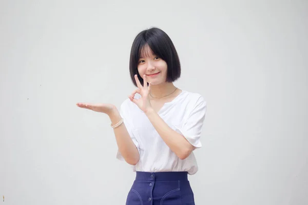 Asijské Thajská Dospívající Bílý Tričko Krásný Dívka Show Ruční — Stock fotografie
