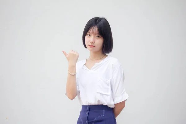 Asiatisch Thai Teen Weiß Shirt Hübsch Mädchen Pointing — Stockfoto