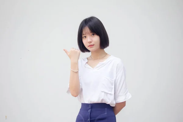 Asiatisch Thai Teen Weiß Shirt Hübsch Mädchen Pointing — Stockfoto