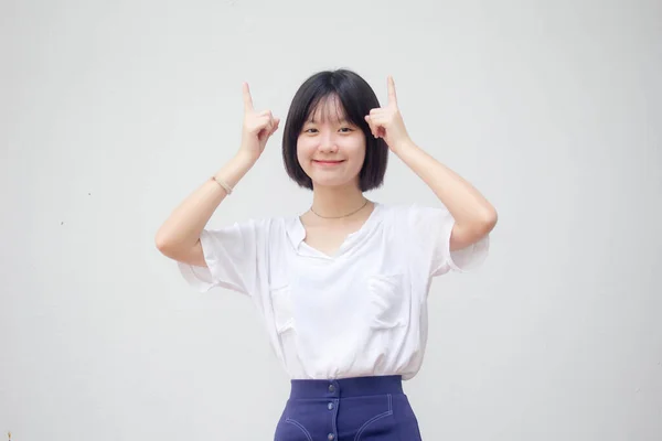 Asiático Tailandés Adolescente Blanco Camiseta Hermosa Chica Apuntando —  Fotos de Stock