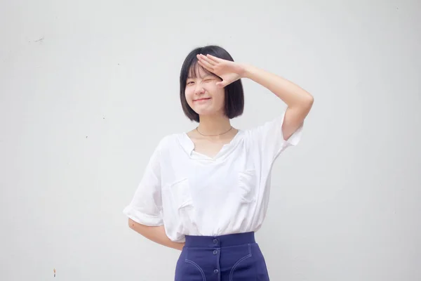 Asiatisch Thai Teen Weiß Shirt Hübsch Mädchen Salute — Stockfoto