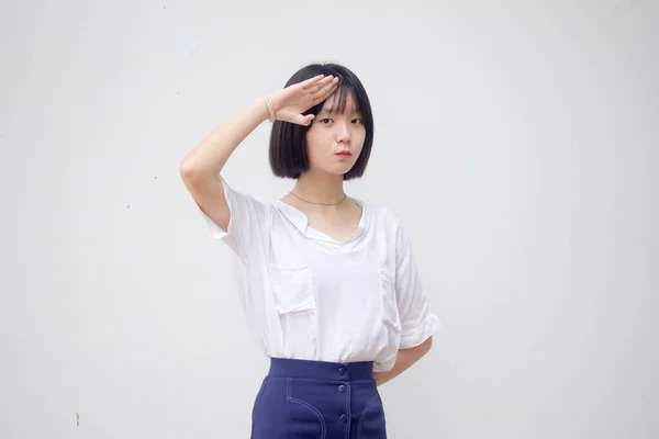 Ασία Thai Έφηβος Λευκό Shirt Όμορφο Κορίτσι Χαιρετισμό — Φωτογραφία Αρχείου