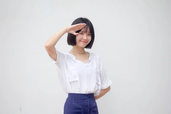 Asiático Tailandés Adolescente Blanco Camiseta Hermosa Chica Saludo —  Fotos de Stock
