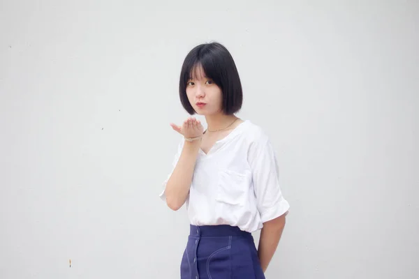 Ázsiai Thai Tini Fehér Póló Gyönyörű Lány Küldj Egy Csók — Stock Fotó