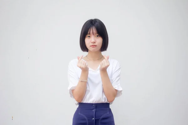 Ásia Tailandês Adolescente Branco Shirt Bela Menina Dar Coração — Fotografia de Stock