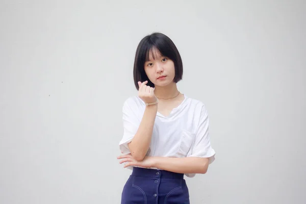 Ásia Tailandês Adolescente Branco Shirt Bela Menina Dar Coração — Fotografia de Stock