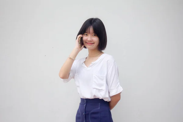 Ásia Tailandês Japonês Adolescente Branco Shirt Bela Menina Chamando Inteligente — Fotografia de Stock