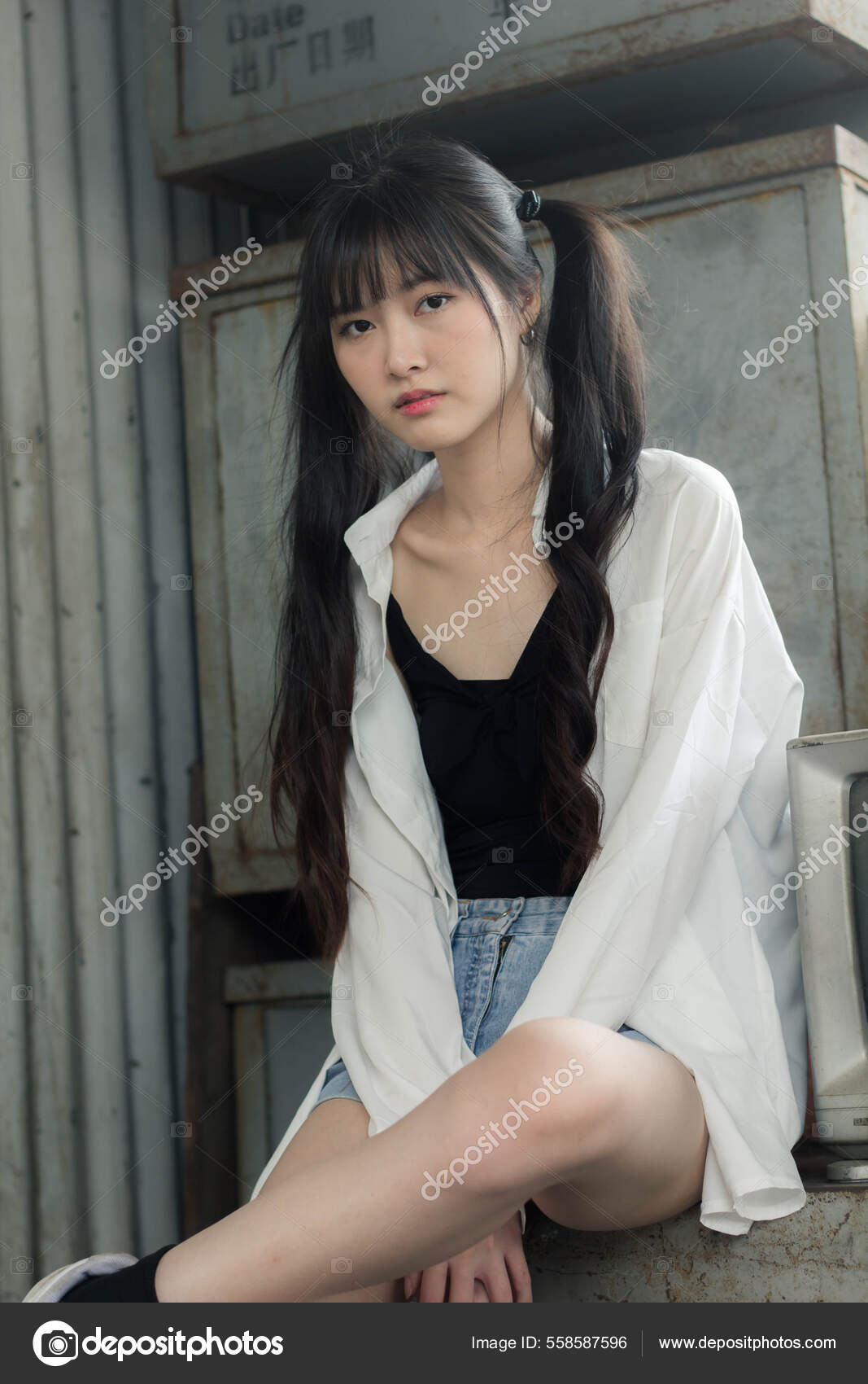 Portrait Thai Japan Adult Beautiful Girl White Shirt Blue Jeans.