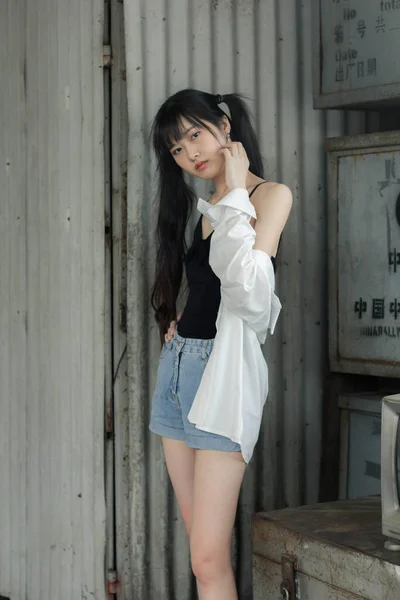 Portrait Thai Japan Adult Beautiful Girl White Shirt Blue Jeans — Stock Photo, Image