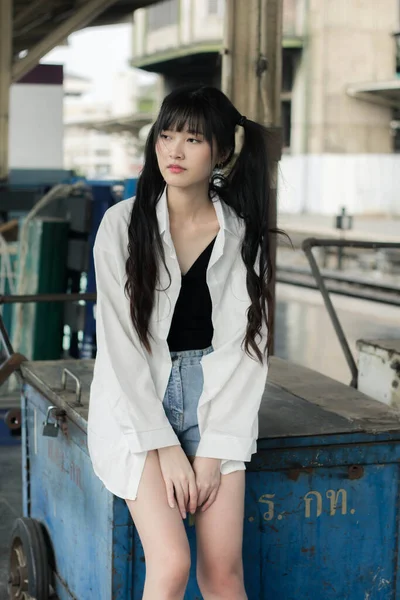 Portrait Von Thai Japan Adult Beautiful Girl White Shirt Blue — Stockfoto