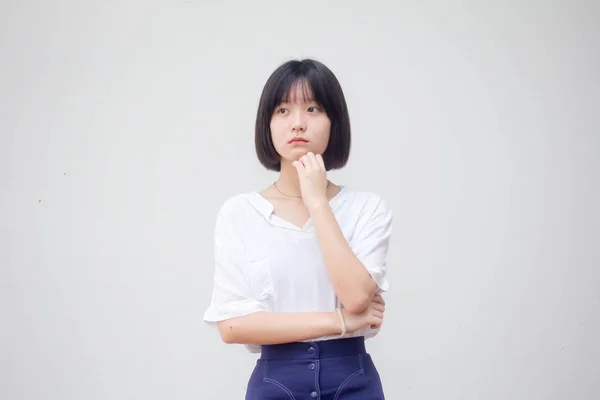 Asiático Tailandés Adolescente Blanco Camiseta Hermosa Chica Pensar — Foto de Stock