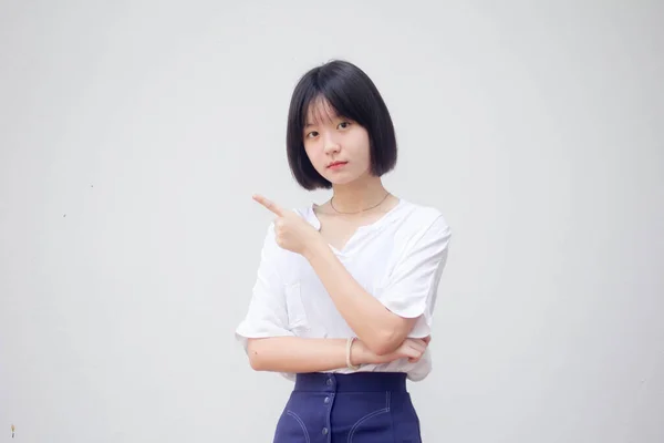 Azië Thai Tiener Wit Shirt Mooi Meisje Wijzend — Stockfoto