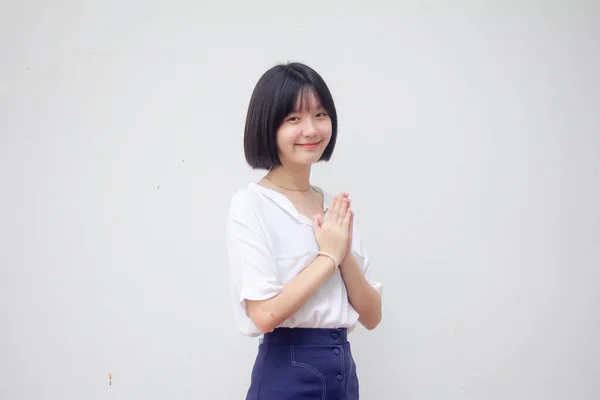 Asia Thai Teen White Shirt Beautiful Girl Thai Pay Respect — Stock Photo, Image