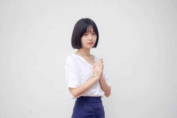 Asia Thai Έφηβος Λευκό Shirt Όμορφο Κορίτσι Thai Δώστε Σεβασμό — Φωτογραφία Αρχείου
