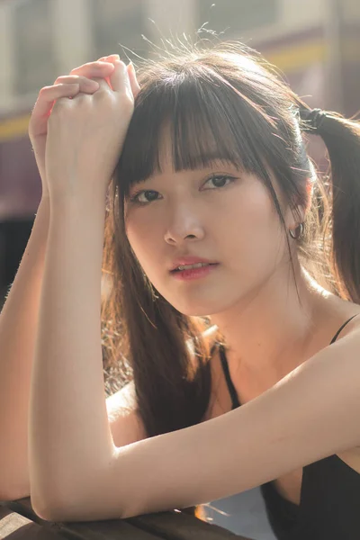 Portrait Von Thai Japan Adult Beautiful Girl Black Shirt Blue — Stockfoto