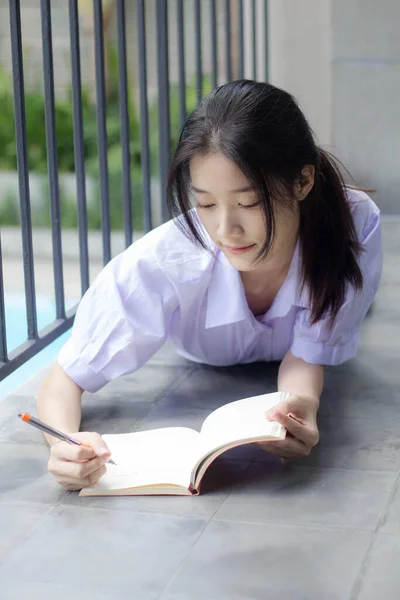 Asiatisch Thai High School Student Uniform Hübsch Mädchen Schreiben Ein — Stockfoto