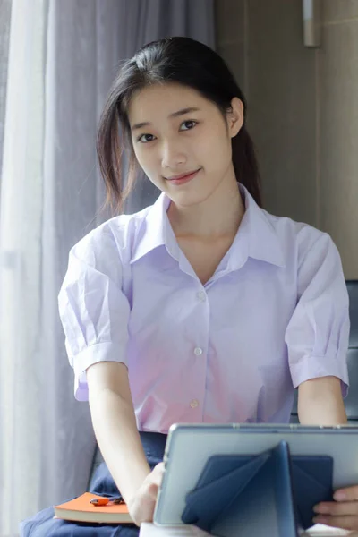 Asia Thai High School Student Uniform Beautiful Girl Using Her — Stok fotoğraf