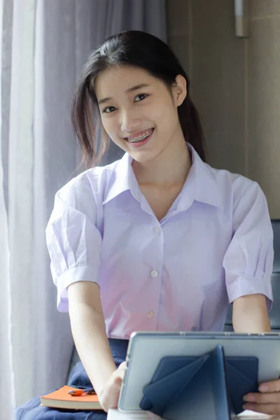 Asia Thai High School Student Uniform Beautiful Girl Using Her — Stok fotoğraf