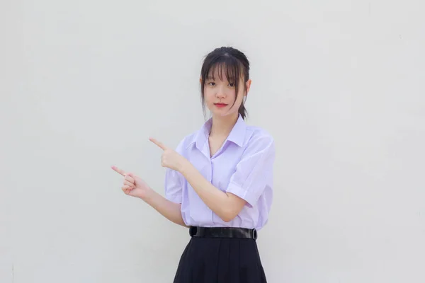 Asia Thai High School Student Uniform Beautiful Girl Pointing — Fotografia de Stock