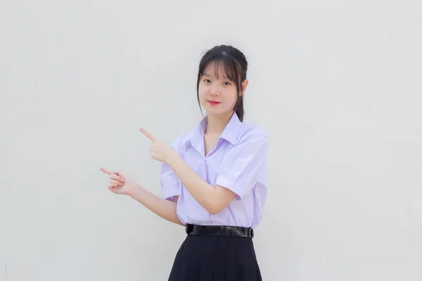 Asia Thai High School Student Uniform Beautiful Girl Pointing — Stock Photo, Image