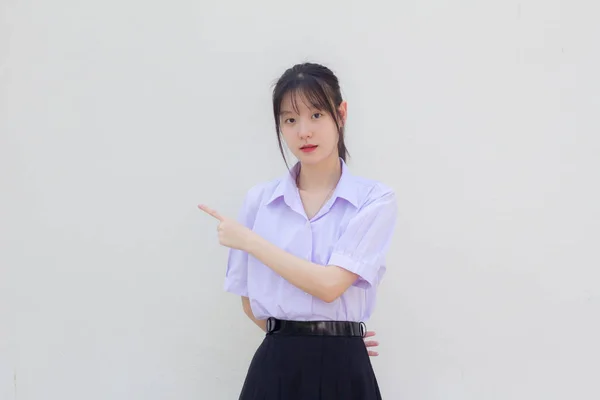 Asia Thai High School Student Uniform Beautiful Girl Pointing — Foto de Stock