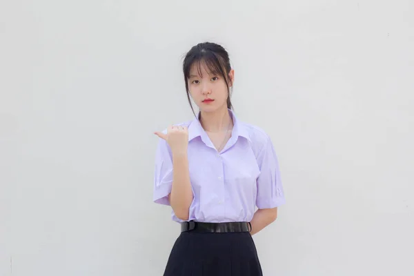 Asia Thai High School Student Uniform Beautiful Girl Pointing — Zdjęcie stockowe