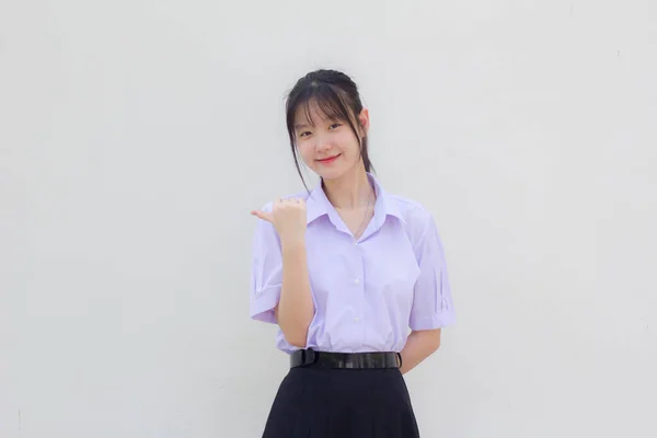 Asia Thai High School Student Uniform Beautiful Girl Pointing — Fotografia de Stock