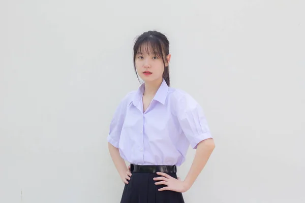 Ásia Tailandês Estudante Ensino Médio Uniforme Bela Menina Sorriso Relaxar — Fotografia de Stock