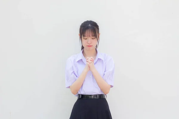 Asia Thai High School Student Uniform Beautiful Girl Pray — Stock Photo, Image