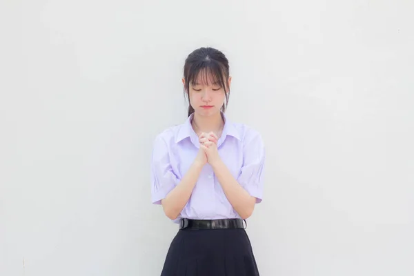 Asia Thai High School Student Uniform Beautiful Girl Pray — Stockfoto