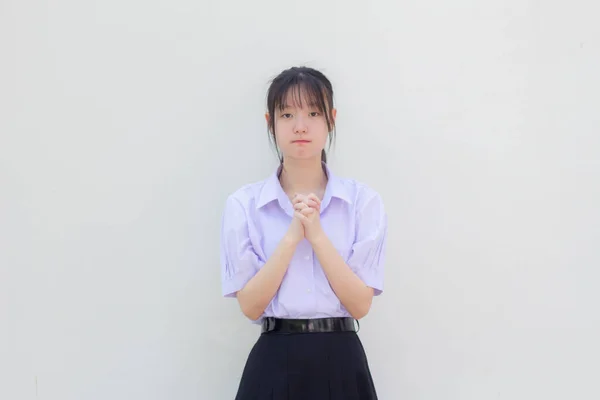 Ásia Tailandês Estudante Ensino Médio Uniforme Bela Menina Rezar — Fotografia de Stock