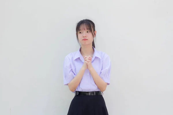 Ásia Tailandês Estudante Ensino Médio Uniforme Bela Menina Rezar — Fotografia de Stock
