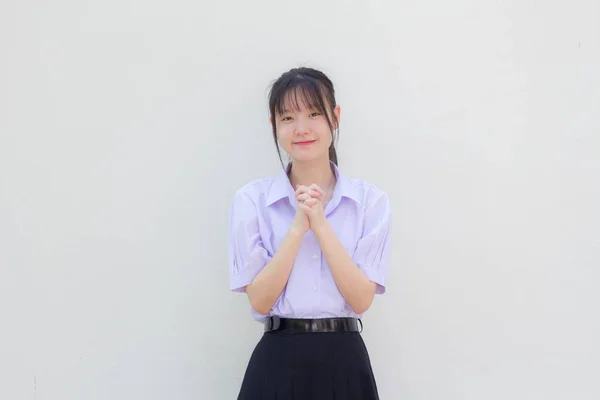 Azjatyckie Tajskie Liceum Student Mundur Piękna Dziewczyna Modlić — Zdjęcie stockowe