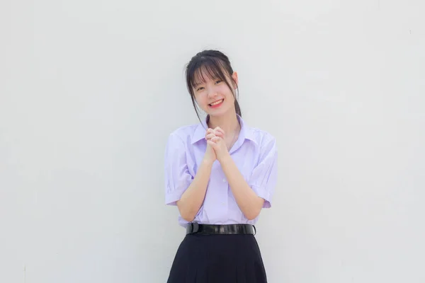 Asia Thai High School Student Uniform Beautiful Girl Pray — Fotografia de Stock