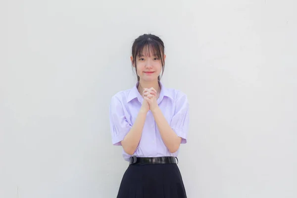 Asia Thai High School Student Uniform Beautiful Girl Pray — Fotografia de Stock