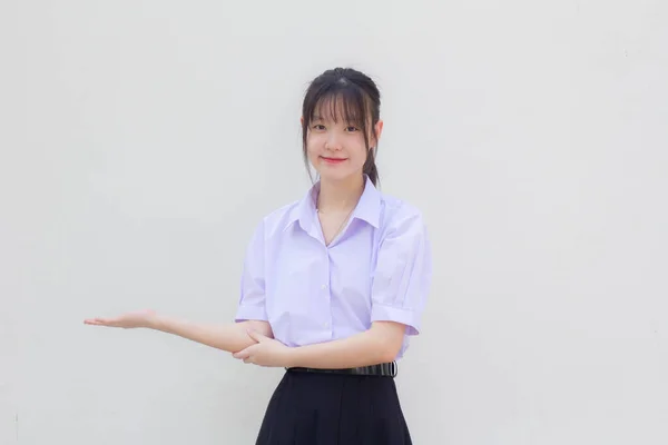 Ásia Tailandês Estudante Ensino Médio Uniforme Bela Menina Mostrar Mão — Fotografia de Stock