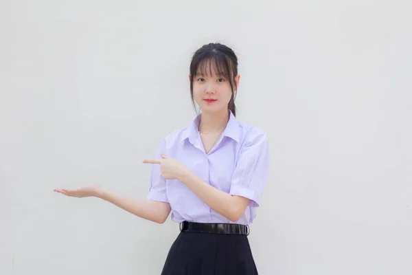 Asiatisch Thai Hochschule Student Uniform Hübsch Mädchen Zeigen Hand — Stockfoto