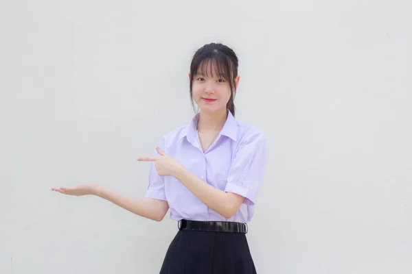 Asiatisch Thai Hochschule Student Uniform Hübsch Mädchen Zeigen Hand — Stockfoto