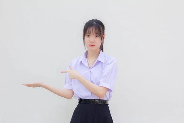 Asia Thai High School Student Uniform Beautiful Girl Show Hand — Stock Photo, Image