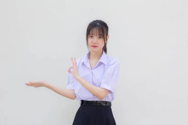 Asiatisch Thai Hochschule Student Uniform Hübsch Mädchen Zeigen Hand — Stockfoto