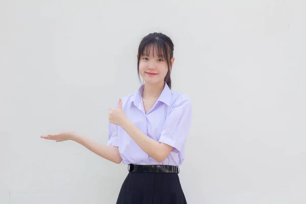 Azië Thai Middelbare School Student Uniform Mooi Meisje Show Hand — Stockfoto