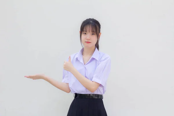 Asia Thai High School Student Uniform Beautiful Girl Show Hand — Stock Photo, Image