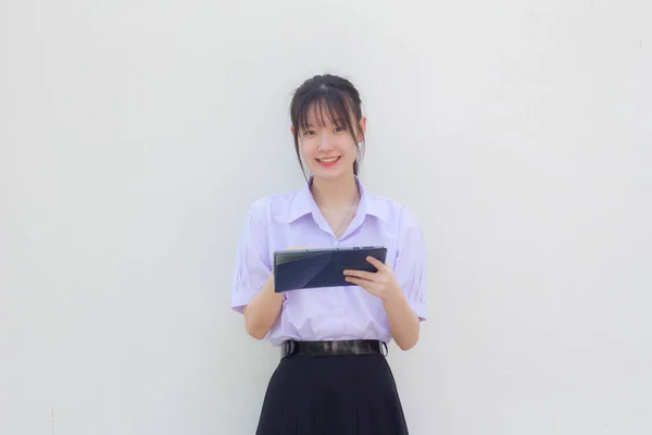 Asia Thai High School Student Uniform Beautiful Girl Using Her — стоковое фото