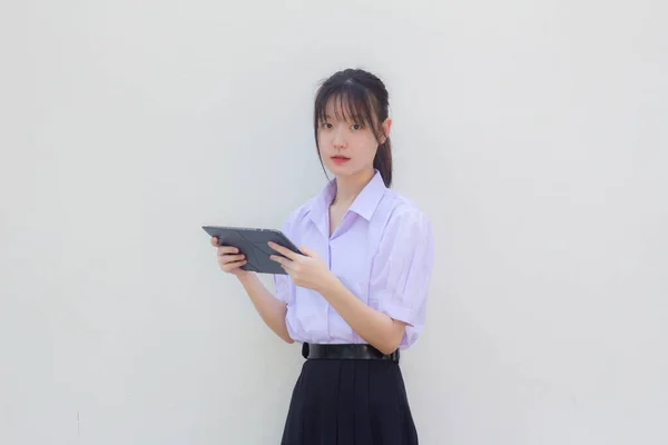 Asia Thai High School Student Uniform Beautiful Girl Using Her — Stockfoto