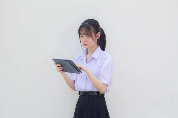 Asia Thai High School Student Uniform Beautiful Girl Using Her — Stock Fotó