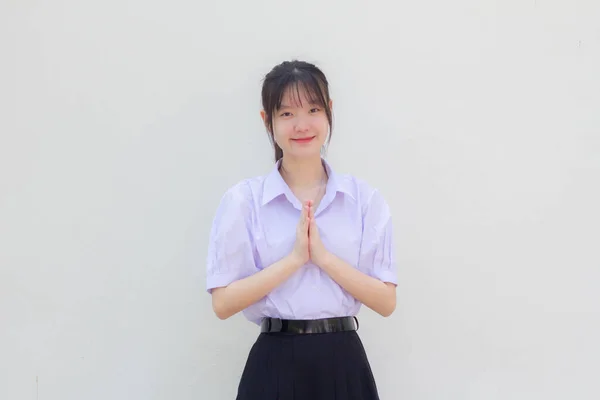 Asiatisch Thai Hochschule Student Uniform Hübsch Mädchen Thai Pay Respect — Stockfoto