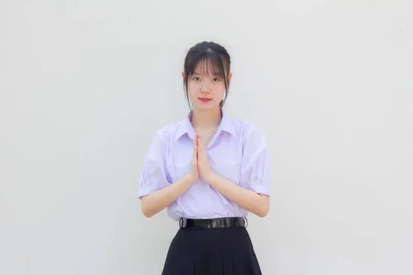 Ázsiai Thai Középiskola Diák Egyenruha Gyönyörű Lány Thai Pay Respect — Stock Fotó