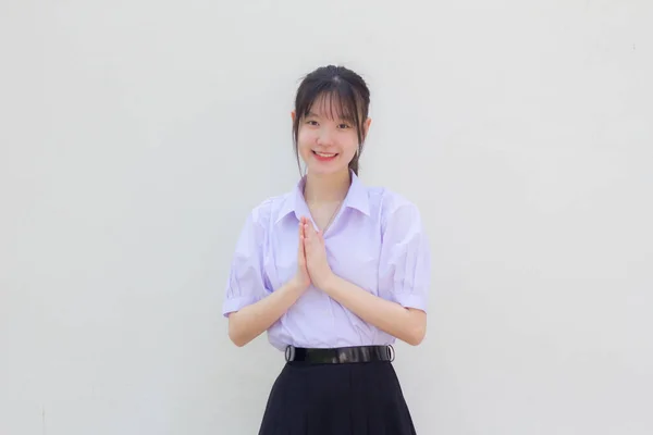 Asya Taylandlı Lise Öğrencisi Üniforması Güzel Kız Saygı Göster — Stok fotoğraf